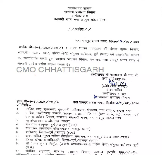 संयुक्त कलेक्टर का ट्रांसफर, आदेश जारी