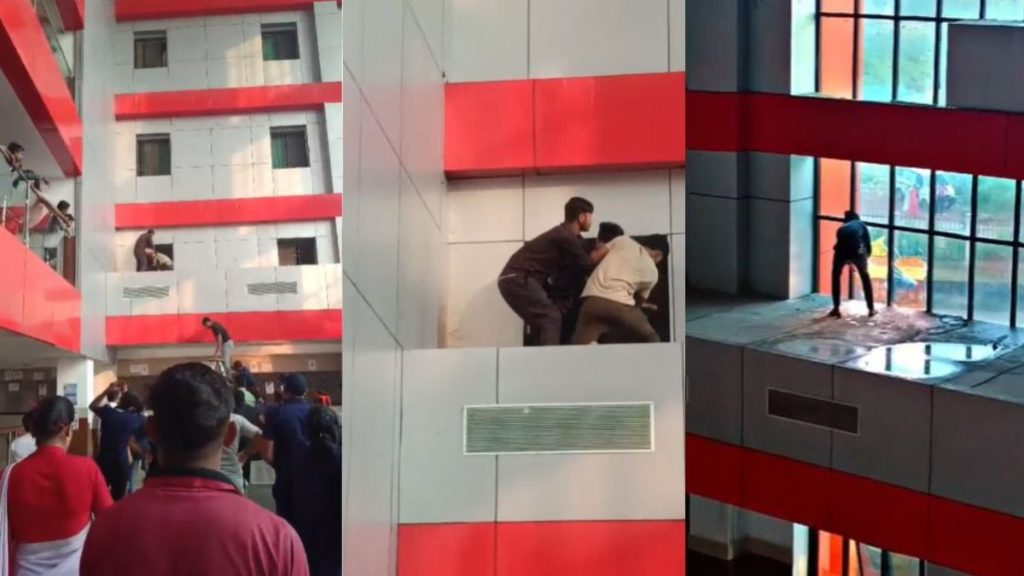 मेडिकल कॉलेज में युवक ने जमकर मचाया हंगामा, तीसरी मंजिल से लगाई छलांग, देखें वीडियो…